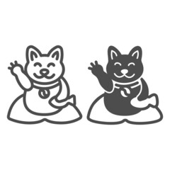 Japanese cat luck souvenir on pillow line and solid icon, asian culture concept, maneki neko vector sign on white background, outline style icon for mobile concept and web design. Vector graphics.