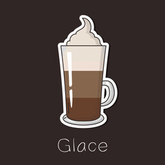 Coffee Glace with chocolate and ice cream in a tall glass cup. Flat vector illustration for cafe menu, sticker, icons, card, poster, tag, scrapbooking.
