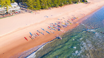 Aerial view of boards on the beach at Burleigh Heads, Gold Coast.