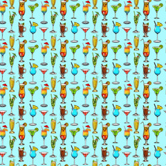 Watercolor digital illustration seamless pattern of cocktails of different shapes