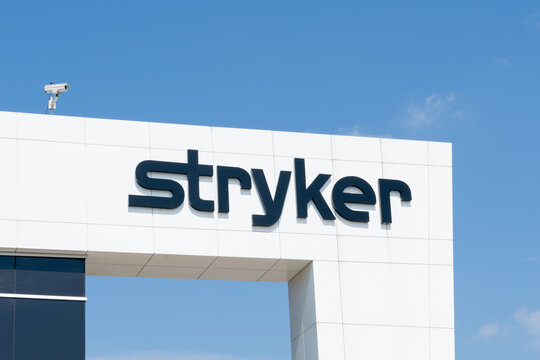 Hamilton, On, Canada - August 22, 2021: Close up of Stryker sign at their Canada's head office in Hamilton, On, Canada. Stryker Corporation is an American multinational medical technologies corporatio