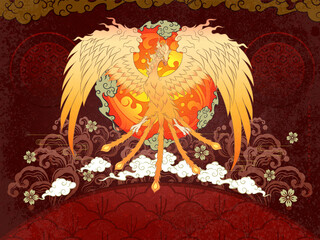 Japanese Scene Abstract Art Phoenix Flying with Gradient Sun with Water Splash Icon Inside surrounded with Golden Clouds and Curvy Land with Water Splash and Moving Clouds with Sakura Flower 