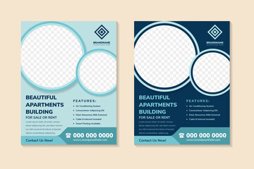 Beautiful apartment building flyer design template use vertical layout. Circle space for photo collage. multicolored blue colors of element variation which can be selected. blue background.