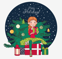 Cute girl with present. Christmas vector illustration in bright colors