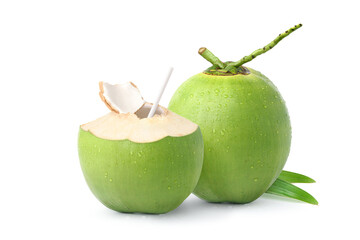 Cool  young coconut juice with water droplets isolated on white background. Clipping path. - obrazy, fototapety, plakaty