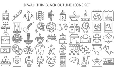 Diwali thin black outline icon set. Included icons as Deepavali celebrate, light festival, candle, lamp, Hindu celebration more. Used for modern concepts, web, UI or UX kit and applications, EPS 10.
