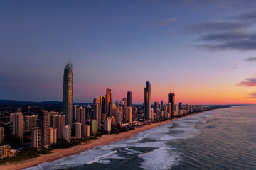 Aerial sunrise view of Gold Coast skyline and beach
