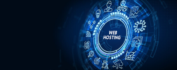 Web Hosting. The activity of providing storage space and access for websites. Business, modern technology, internet and networking concept