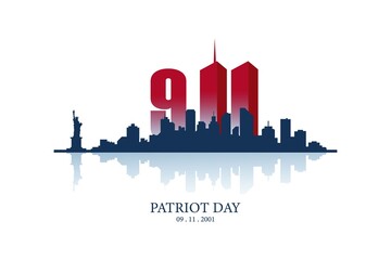 Patriot day we will never forget 9 11 september 2001 with city silhouette poster design illustration - obrazy, fototapety, plakaty