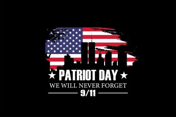 Patriot day we will never forget 9 11 september 2001 with city silhouette poster design illustration - obrazy, fototapety, plakaty