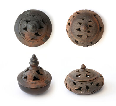 Traditional vintage antique ancient old metal bowl or incense burner isolated on white background. Set of objects.