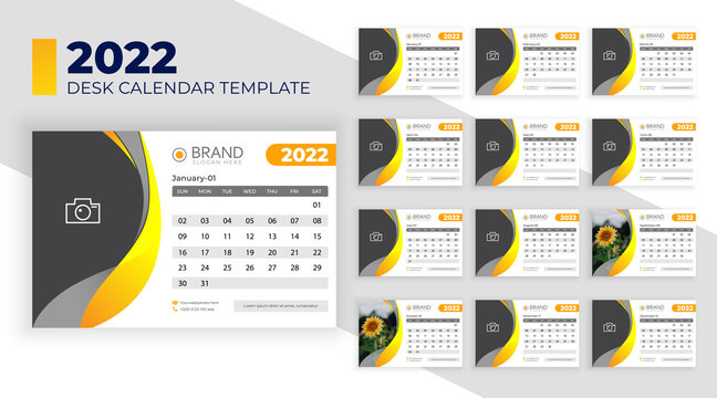 desk calendar design layout for 2022  with creative yellow shapes Premium Vector