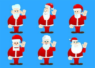 Santa Claus in his red clothes with white beard with waving hand. Vector cartoon character illustration.