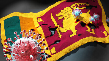 Covid in Sri Lanka - coronavirus attacking a national flag of Sri Lanka as a symbol of a fight and struggle with the virus pandemic in this country, 3d illustration