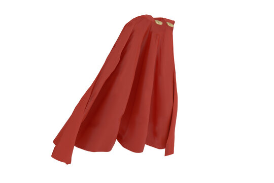 a red cape draped over invisible silhouette, Superhero red cape set on white background. 3D illustration.