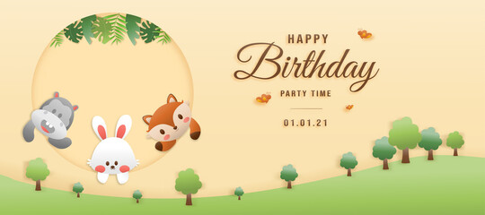 Cute birthday greeting card. jungle animals celebrate children's birthdays and template invitation paper cut and papercraft style vector illustration. Theme happy birthday.