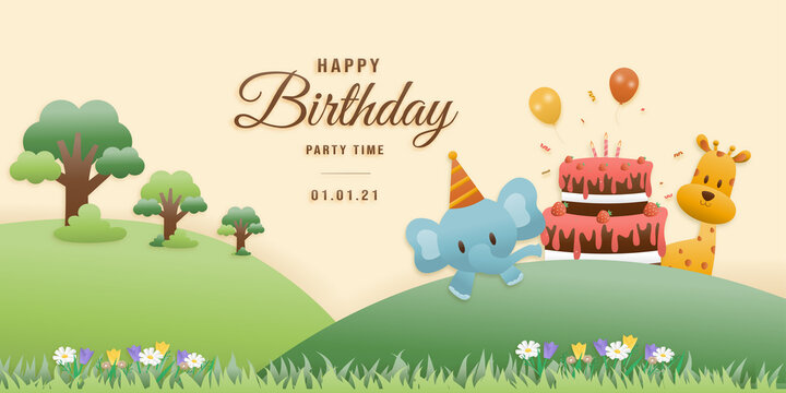 Cute birthday greeting card. jungle animals celebrate children's birthdays and template invitation paper cut and papercraft style vector illustration. Theme happy birthday.