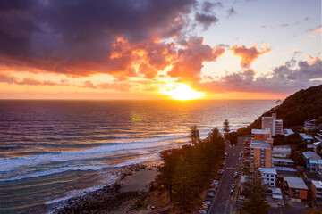 Aerial sunrise view over Burleigh Heads, Gold Coast