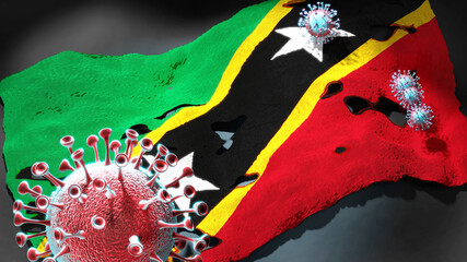 Covid in Saint Kitts and Nevis - coronavirus attacking a national flag of Saint Kitts and Nevis as a symbol of a fight and struggle with the virus pandemic in this country, 3d illustration
