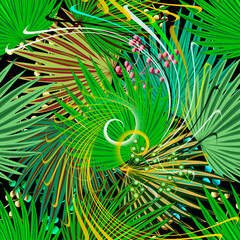 Tropic green Palm leaves seamless pattern. Exotic tropical plants background. Repeat vector backdrop. Floral fantasy tropic ornaments. Textured abstract modern design. Spiral fractals. Abstraction