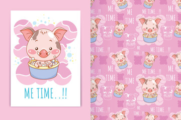 cartoon illustration of cute baby pig in the bathtub and seamless pattern set