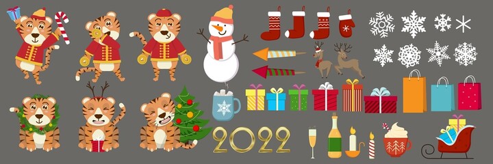 Obraz na płótnie Canvas Cute funny 2022 New Year symbol tiger. Vector cartoon kawaii character illustration icon. Happy Chinese new year greeting card 2022 with cute tiger. Animal holidays cartoon character.