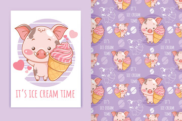 cute baby pig holding ice cream cartoon illustration and seamless pattern set