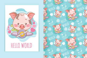 cartoon illustration of a cute baby pig riding a plane and seamless pattern set