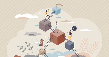 Leveling up and career development with progress stairs tiny person concept. Skills and professional improvement as upward raising steps vector illustration. Climb with aspiration to target or goal. - obrazy, fototapety, plakaty