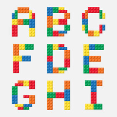 Naklejka premium Alphabet from colorful brick block toy like Lego, Building brick fonts for children poster, Letter design, banner, logo, sales promotion, online shopping, print for kids.