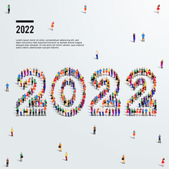 2022 happy new year greeting card design. A large group of people form to create the year number 2022 or twenty twenty two