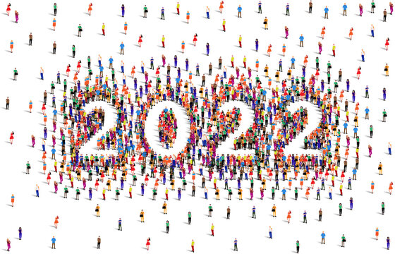 2022 happy new year greeting card design. A large group of people form to create the year number 2022 or twenty twenty two