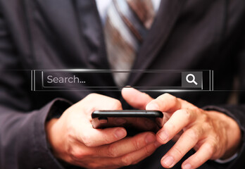 Business hand using smartphone with data search technology Search engine Optimization, Searching for information