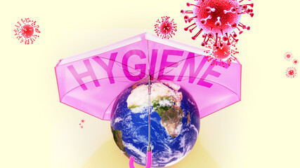 Covid hygiene - corona virus attacking Earth that is protected by an umbrella with English word hygiene as a symbol of a human fight with coronavirus pandemic and upcoming victory, 3d illustration