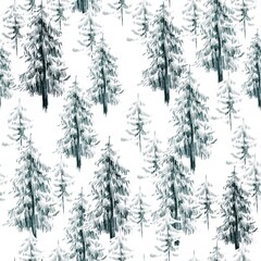 Seamless pattern with coniferous trees - Christmas trees, firs. Siberian nature, northern landscape, spruce. Winter trees drawn in pencil. Graphic style. For wallpapers, textile design, gift wrapping