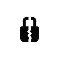 Broken lock glyph icon. Simple solid style. Unlock, crack, padlock, break, free, chain, code, security, fail, technology concept. Vector design illustration isolated on white background. EPS 10