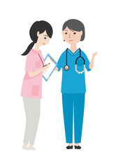 打合せする熟練の女性医師と女性看護師
