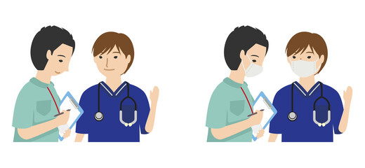 打合せする若い男性医師と男性看護師（上半身）
