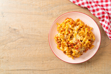 homemade macaroni bolognese with cheese