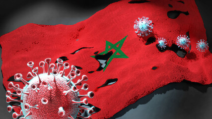 Covid in Morocco - coronavirus attacking a national flag of Morocco as a symbol of a fight and struggle with the virus pandemic in this country, 3d illustration