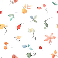 Floral abstract pattern with leaves and berries, seamless colorful print, autumn watercolor illustration on white background.
