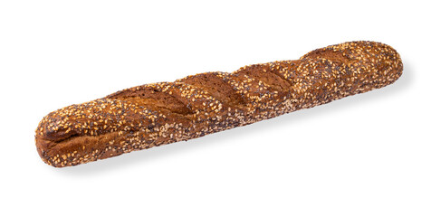 Baguette made of wheat and rye flour with sesame seeds isolated on a white background.Fresh pastries on a white background.