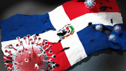 Covid in Dominican Republic - coronavirus attacking a national flag of Dominican Republic as a symbol of a fight and struggle with the virus pandemic in this country, 3d illustration