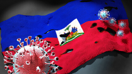 Covid in Haiti - coronavirus attacking a national flag of Haiti as a symbol of a fight and struggle with the virus pandemic in this country, 3d illustration