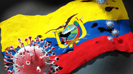 Covid in Ecuador - coronavirus attacking a national flag of Ecuador as a symbol of a fight and struggle with the virus pandemic in this country, 3d illustration