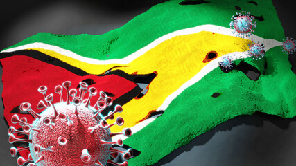 Covid in Guyana - coronavirus attacking a national flag of Guyana as a symbol of a fight and struggle with the virus pandemic in this country, 3d illustration