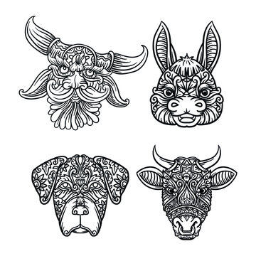 Set head of an animals. Ornamental portrait of an animal. Black and white drawing. Indian. Mandala. Vector illustration
