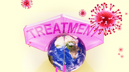 Covid treatment - corona virus attacking Earth that is protected by an umbrella with English word treatment as a symbol of a human fight with coronavirus pandemic and upcoming victory, 3d illustration