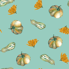 WATERCOLOR ILLUSTRATION SEAMLESS PATTERN LARGE ROUND PUMPKIN,OBLONG PUMPKIN,FLOWER ON GRAY BLUE BACKGROUND,FOR WALLPAPER,FABRIC OR FURNITURE