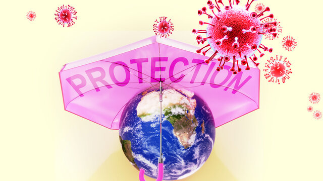 Covid protection - corona virus attacking Earth that is protected by an umbrella with English word protection as a symbol of a human fight with coronavirus pandemic, 3d illustration